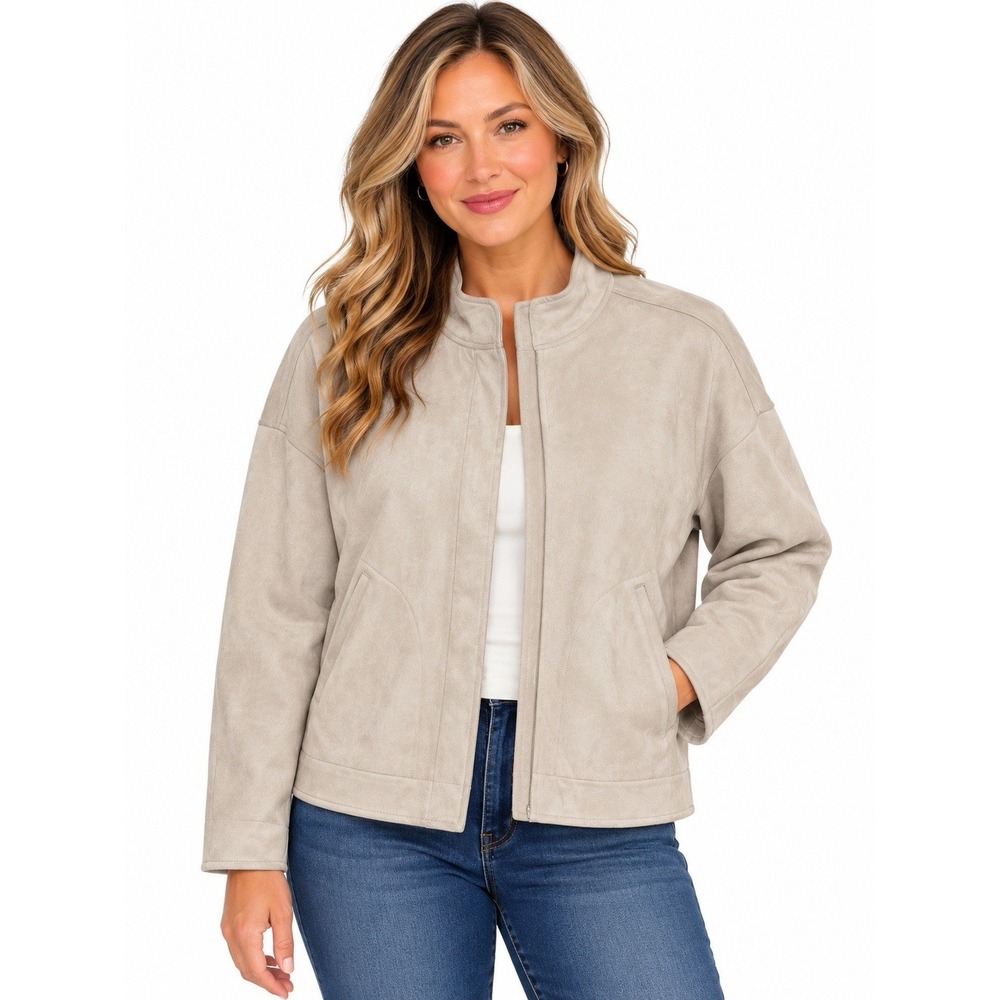 Max Studio London Faux Suede Jacket Dusk Blue Mock Neck Cropped